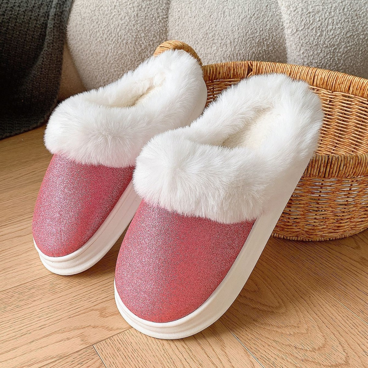 Frosted Sequined Plush Slippers