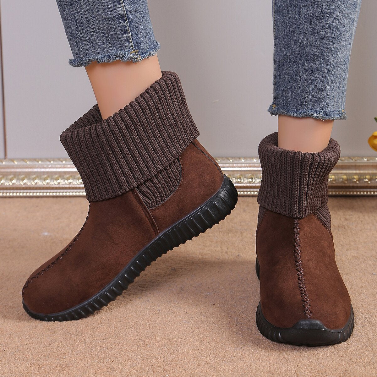 Women’s Flat Ankle Boots with Reversible Knitted Design