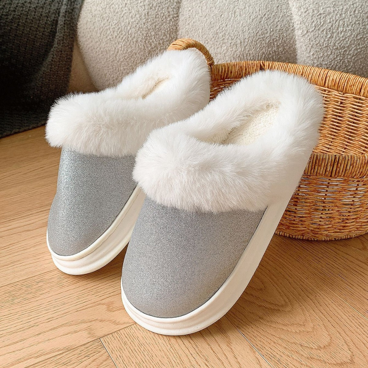 Frosted Sequined Plush Slippers