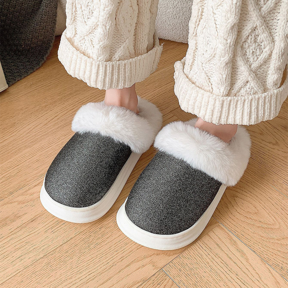 Frosted Sequined Plush Slippers