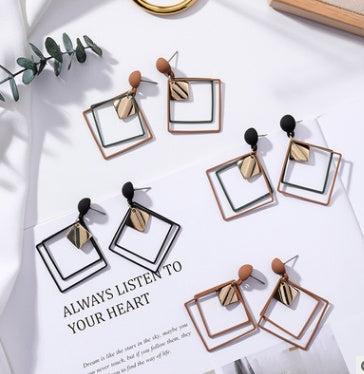 Exaggerated Frosted Square Double Layer Drop Earrings for Women