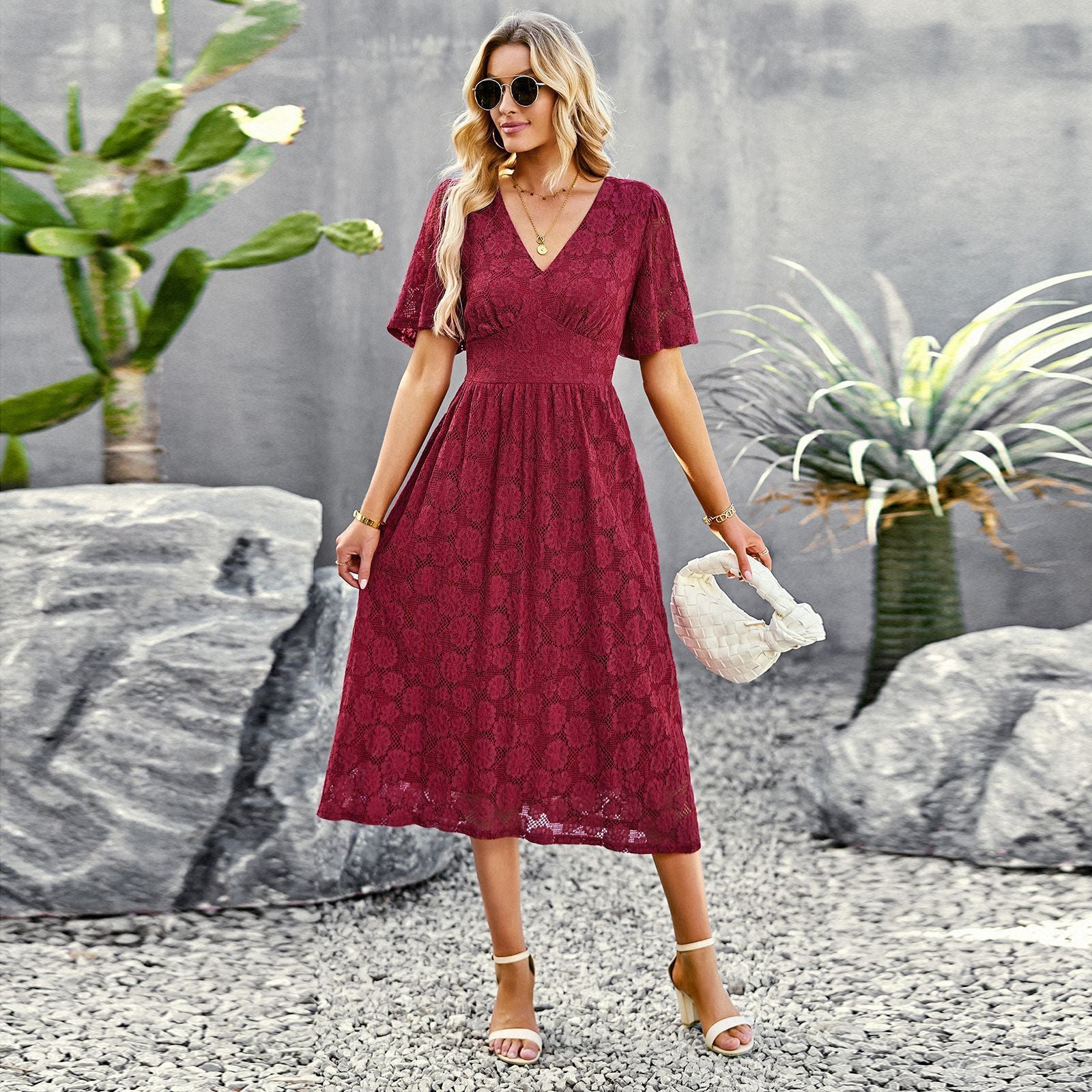 Summer V-Neck Lace Dress - Elegant Short Sleeve Long Dress for Women