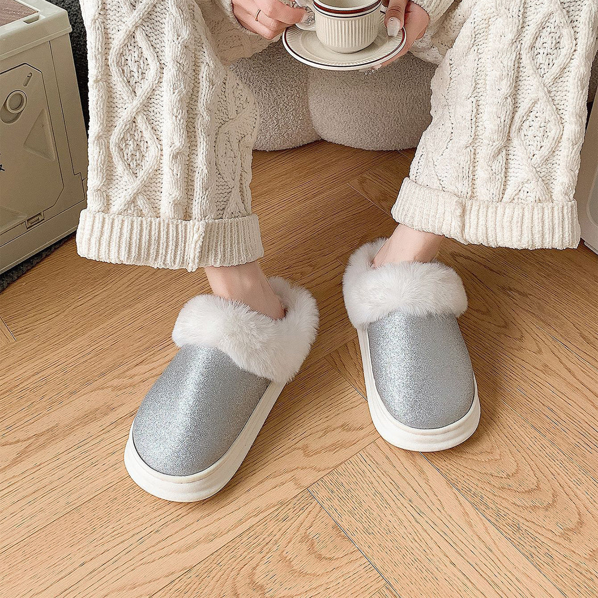 Frosted Sequined Plush Slippers