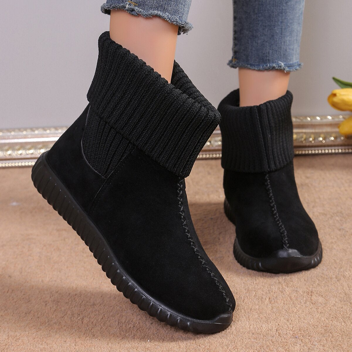 Women’s Flat Ankle Boots with Reversible Knitted Design