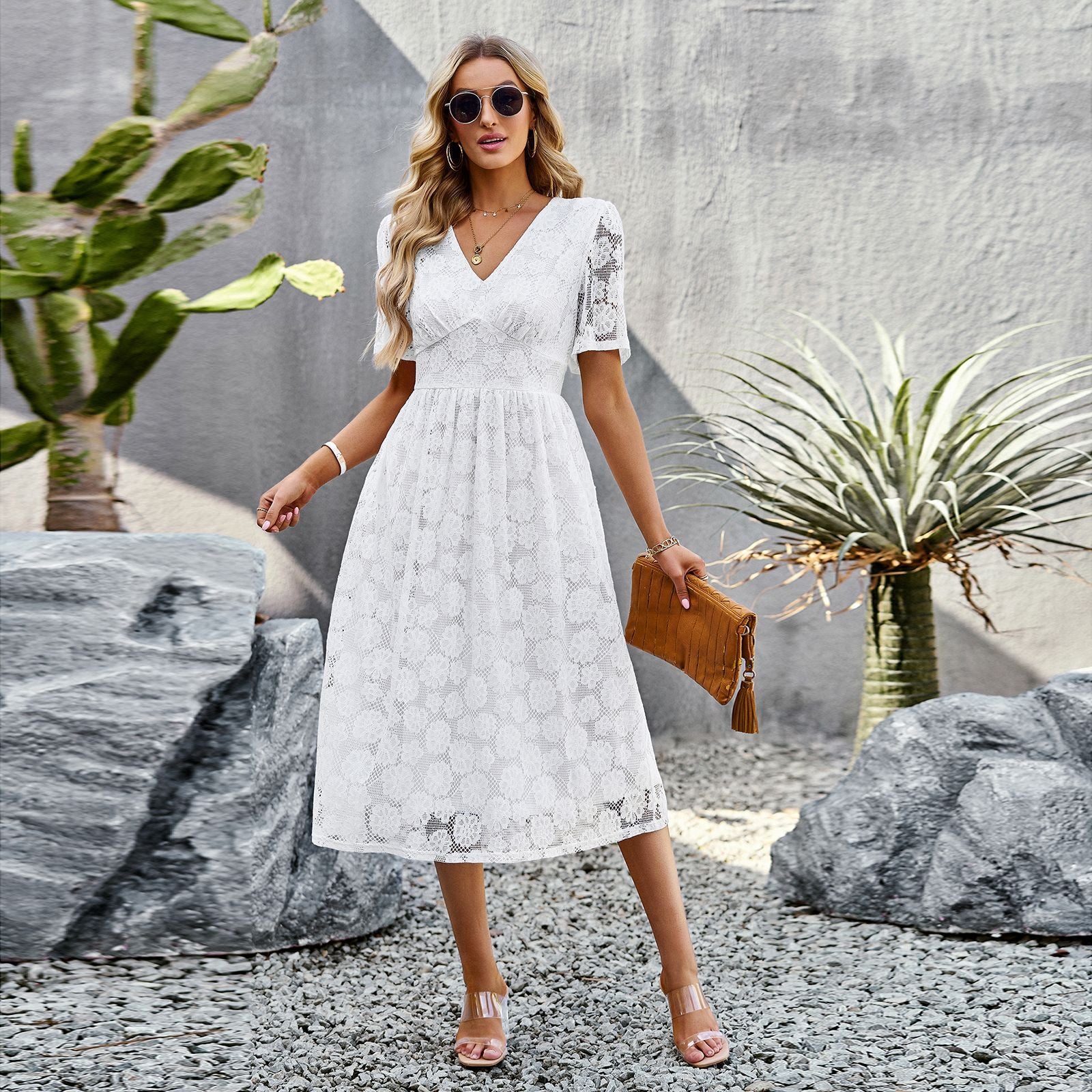 Summer V-Neck Lace Dress - Elegant Short Sleeve Long Dress for Women