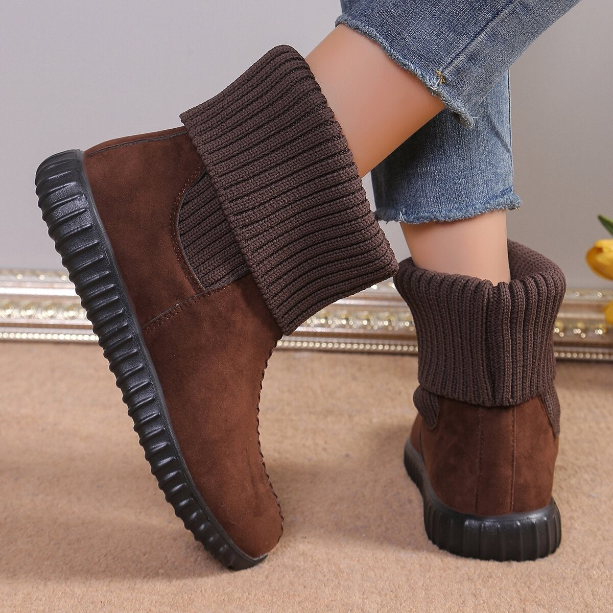 Women’s Flat Ankle Boots with Reversible Knitted Design