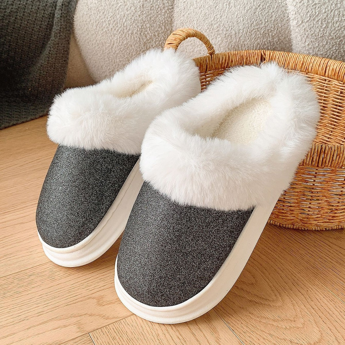 Frosted Sequined Plush Slippers